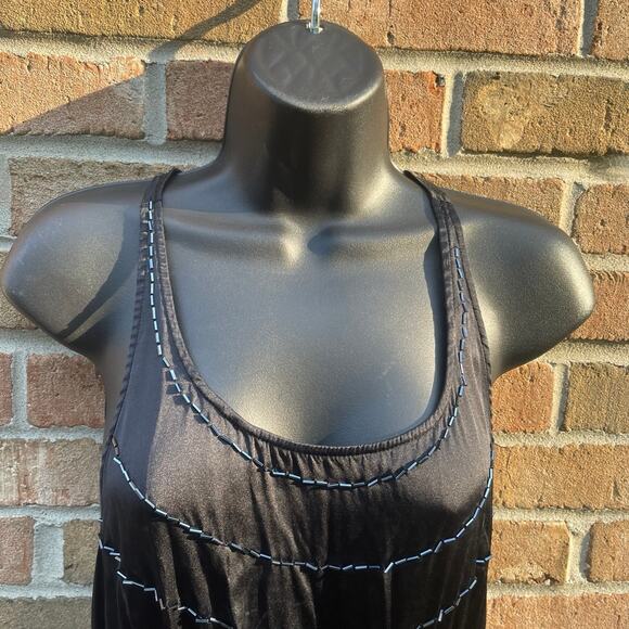 y2k Sleeveless summer Geren Ford Midi Dress sz M topstitching beaded silk - Picture 4 of 10